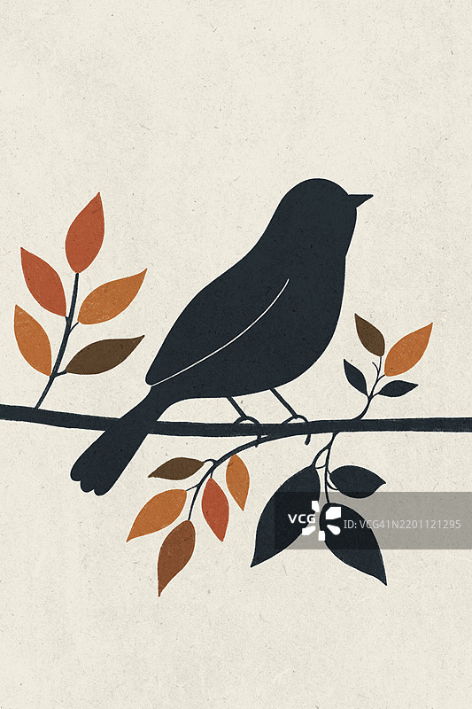 极简风格的插图，描绘了一只黑鸟栖息在枝头，周围是五彩斑斓的秋叶。图片素材