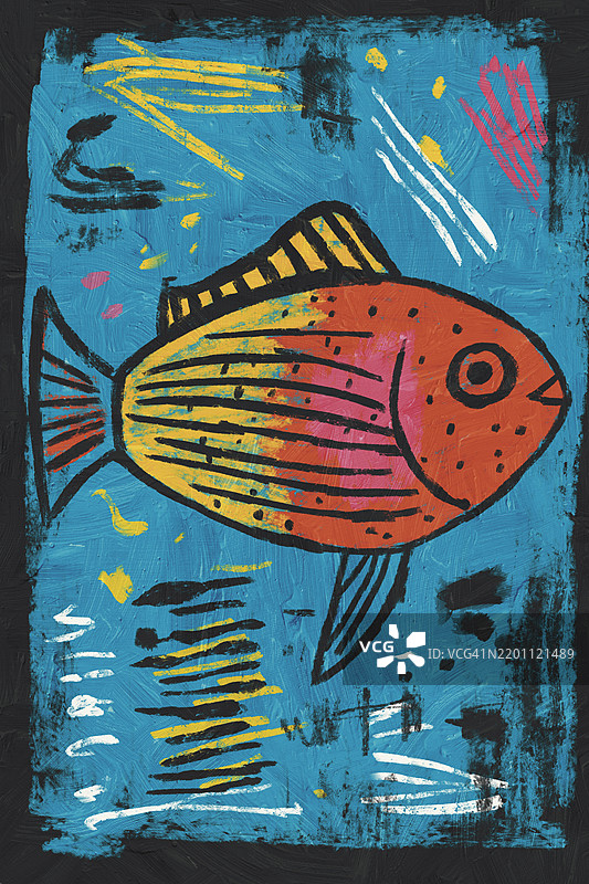 色彩斑斓的鱼在充满活力的抽象现代画中游动，背景有丰富的纹理。图片素材