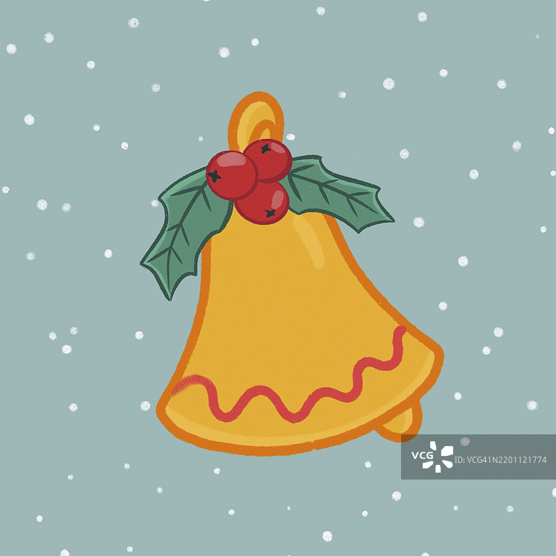 节日圣诞铃铛与冬青和雪花插图图片素材