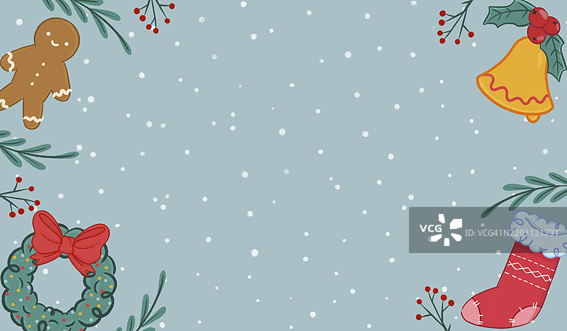 圣诞主题的框架，包含姜饼、花环、袜子和铃铛图片素材