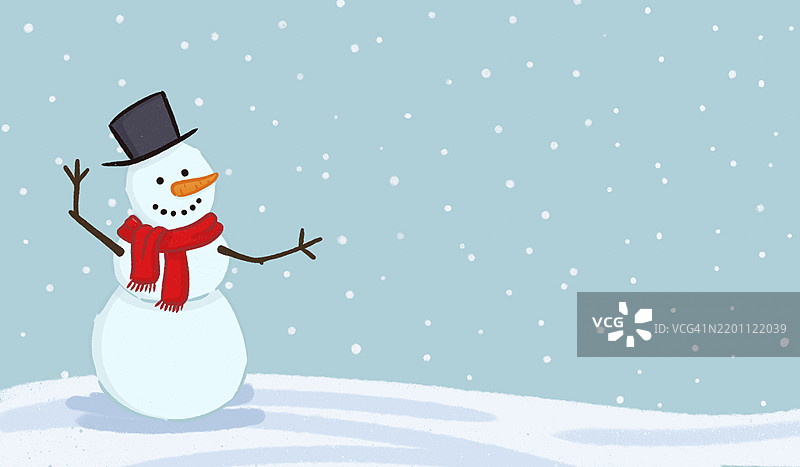 快乐的雪人戴着红色围巾，置身于雪白的冬季场景中图片素材