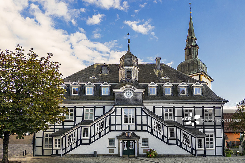 德国北莱茵-威斯特法伦州里特贝格的市政厅,建筑,老城区,建筑,半木结构,历史,外立面,景点,欧洲图片素材