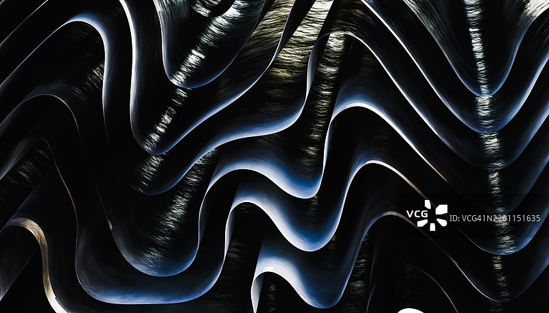 抽象的3D渲染金属波浪和涟漪，呈现深色渐变色调图片素材