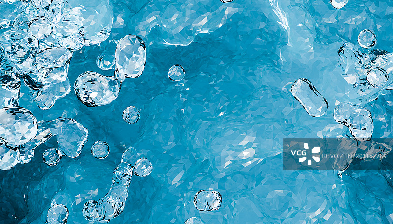 蓝色背景下的水和气泡的3D渲染图图片素材