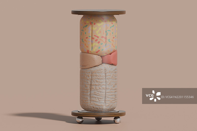 带有多彩面料和奇幻设计的垂直圆柱形软玩具，背景为棕色图片素材