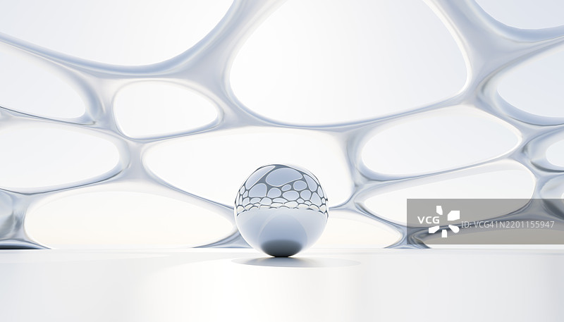 未来主义抽象建筑空间，蓝白色几何结构与反射球体图片素材