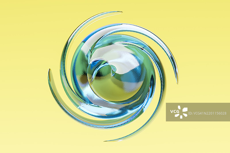 在黄色背景上，绿色和蓝色的旋转物体的抽象3D渲染图图片素材