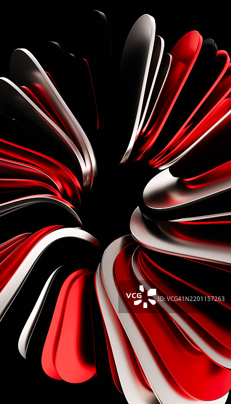 红色、黑色和白色的几何形状的抽象3D渲染，带有光晕、灯光和阴影。图片素材