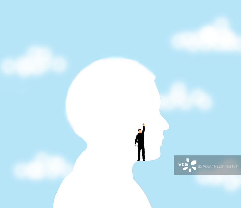 一个男人在超大头部内举手的插图图片素材