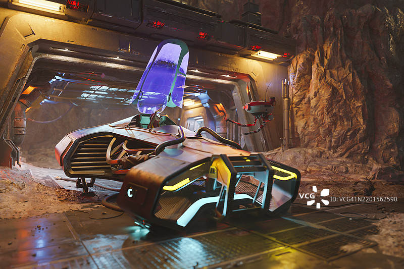 未来的飞行器在洞穴中图片素材