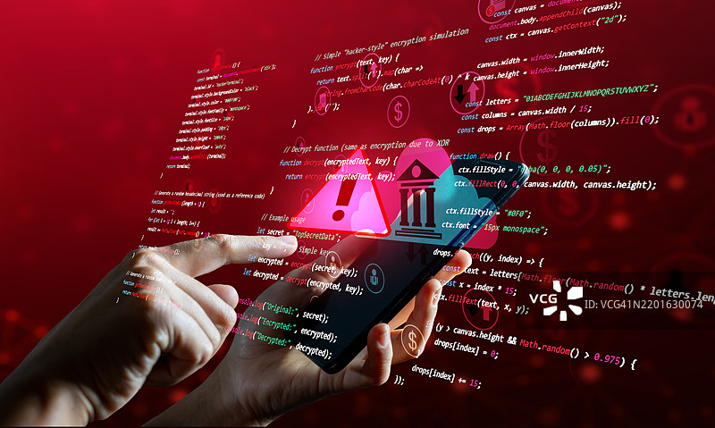 小偷黑客窃取你的钱。插图。商人使用笔记本电脑分析经济图表，带有警告标志以提醒投资经济形势的风险，商业投资风险。经济危机和全球经济衰退。图片素材