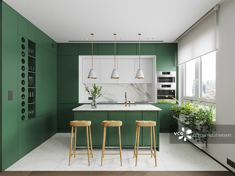 现代厨房室内设计，配有厨房岛、木制凳子、吊灯和绿色橱柜图片素材