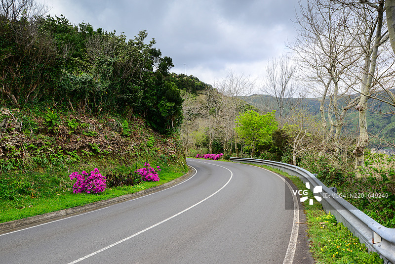 亚速尔群岛弗洛雷斯岛上的空旷山路图片素材