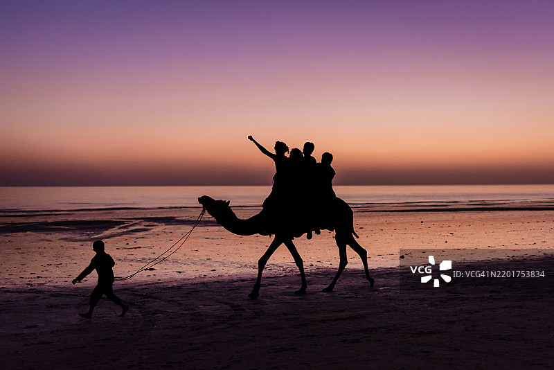 标志性的日落骆驼骑行，曼德维海滩图片素材