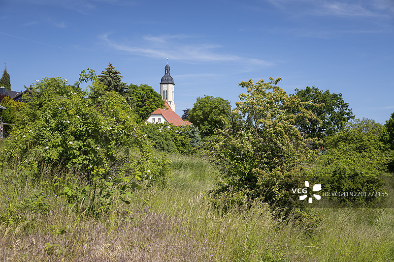 在德国萨克森州弗赖塔尔的佩斯特维茨，酒庄的视角俯瞰圣詹姆斯教堂图片素材