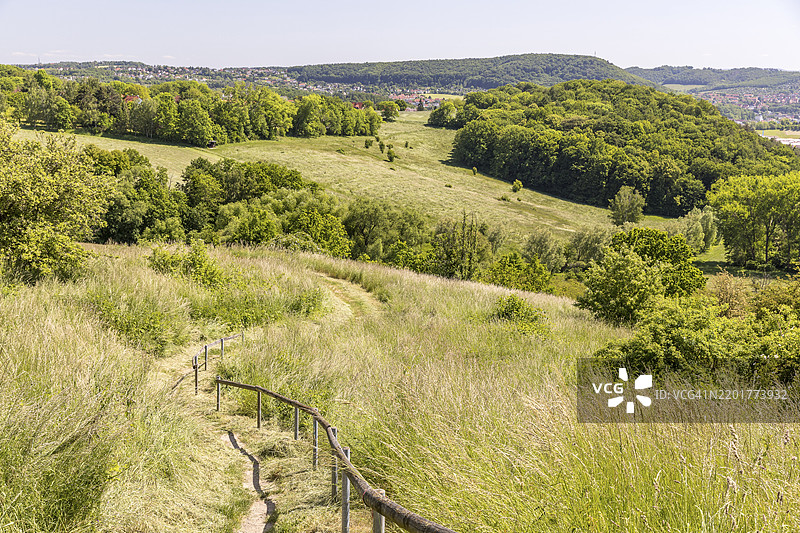 在德国萨克森州弗赖塔尔的佩斯特维茨，葡萄酒庄旁的草地小径，远眺温德山。图片素材