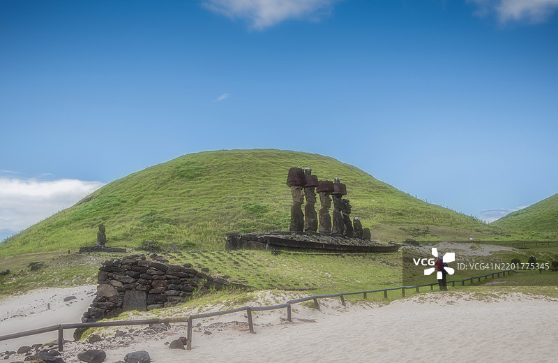 清澈天空下的美丽土地景观，阿纳凯纳，复活节岛，智利图片素材