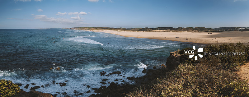 全景视图，受欢迎的冲浪地点，博尔德拉海滩，海滩，葡萄牙，欧洲图片素材