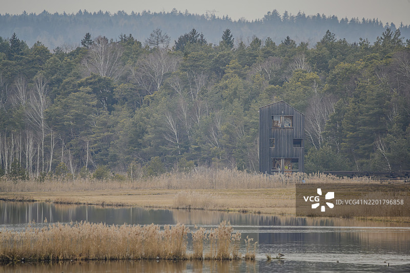 一个位于自然环境中的湖泊，湖边有一座木屋，周围是森林，地点在上巴伐利亚的艾因林。图片素材
