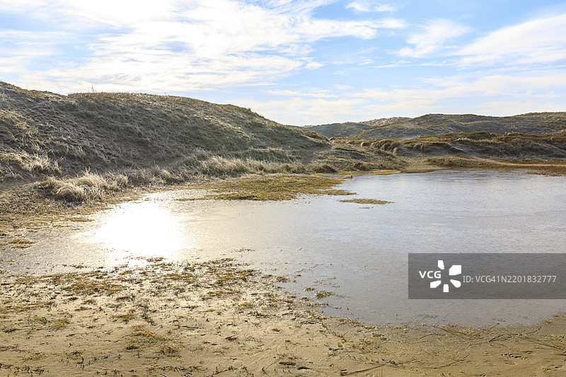 德国下萨克森州诺德奈岛的沙丘景观中形成的小水塘图片素材