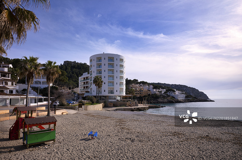 沙滩，游乐场，宇宙酒店Aquamarin，圣埃尔姆，圣特尔莫，安德拉特，马约卡，巴利阿里群岛，西班牙，欧洲图片素材