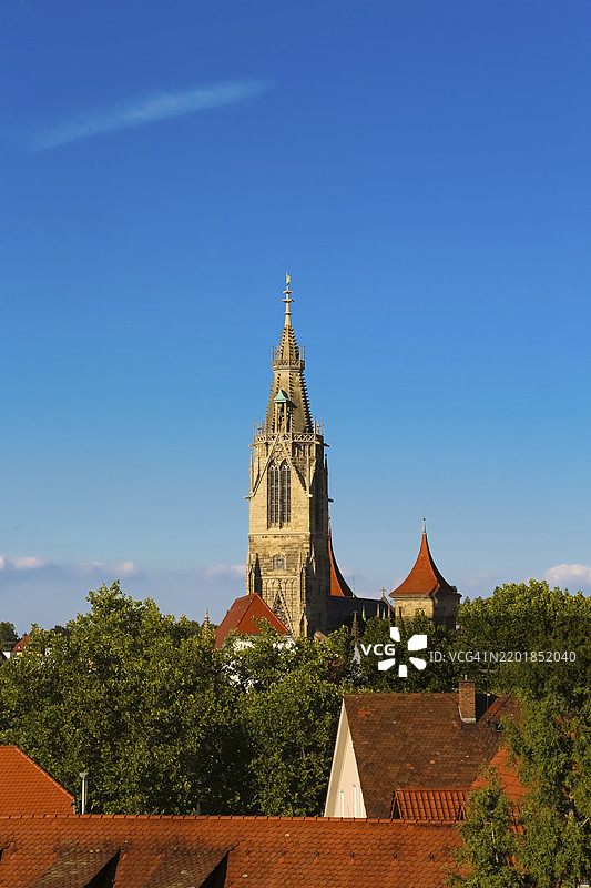 圣玛丽教堂,位于罗伊特林根,建于1247年至1343年,是一座文化遗产,哥特式教堂,宗教改革教堂,基督教堂,礼拜场所,基督教建筑,主塔,教堂塔,经过新哥特式风格修复,罗伊特林根,巴符州图片素材