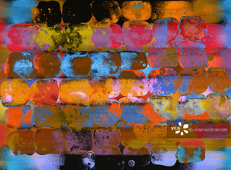 大胆而鲜艳色彩的抽象纹理网格。动态的抽象水彩画，展现了深橙色、蓝色、粉色和黑色的圆形纹理网格。图片素材