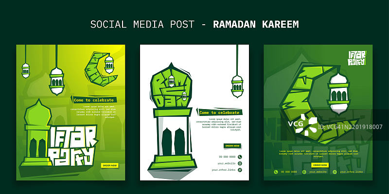 拉马丹快乐。社交媒体帖子，包含灯笼和拉马丹开斋宴活动的排版设计。图片素材