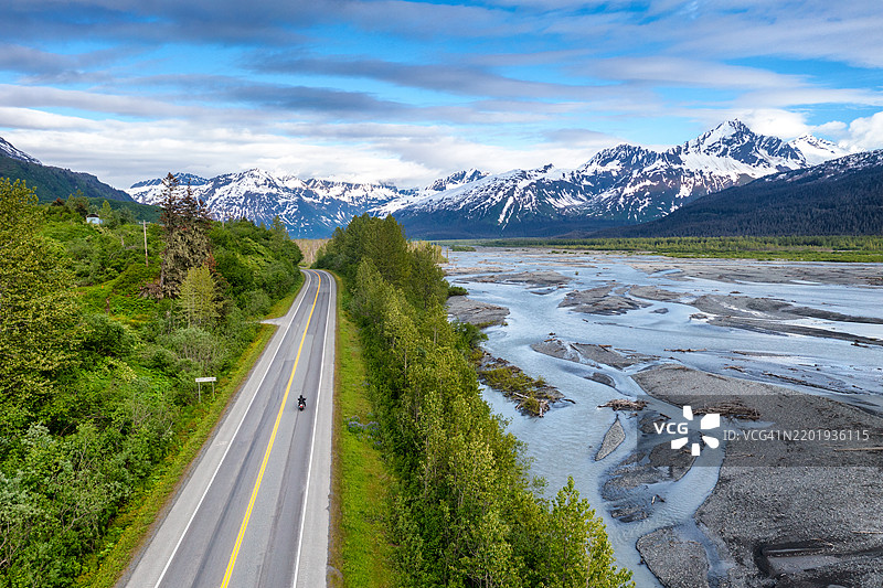 阿拉斯加通往雪山山脉的道路鸟瞰图图片素材