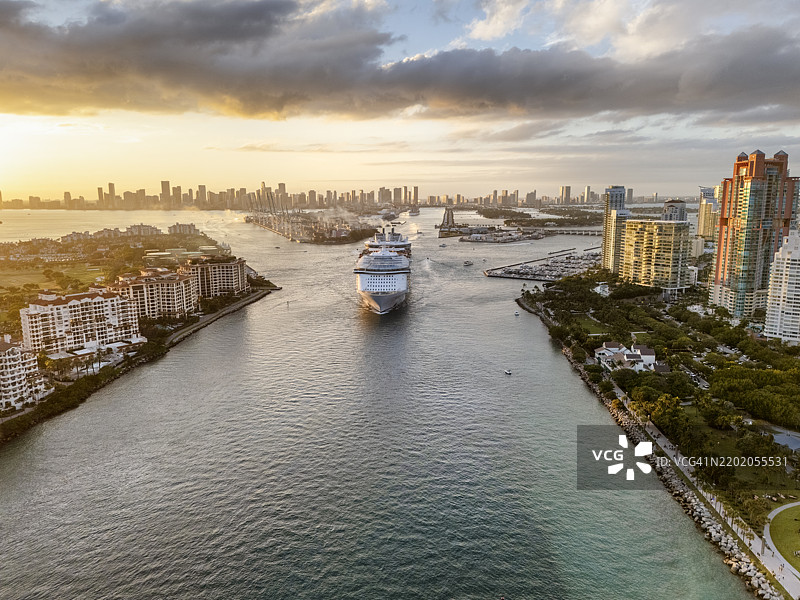 迈阿密天际线日落，海滩和海湾美景图片素材