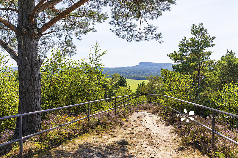 在凯瑟克朗山的全景观景台，背景是大齐尔恩斯坦，莱因哈德斯多夫-舍纳，萨克森瑞士，萨克森，德国，欧洲图片素材