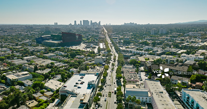圣塔莫尼卡大道的航拍镜头，远处是世纪城。图片素材