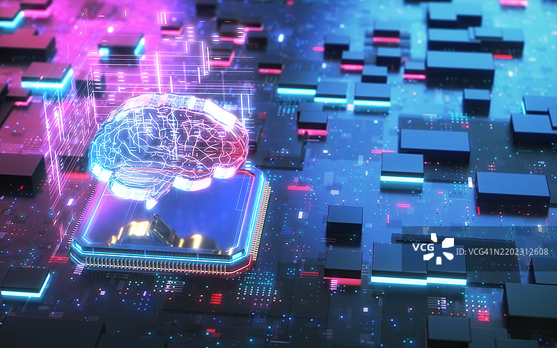 强大的未来主义主板芯片组和中央处理器数字大脑与人工智能概念图片素材
