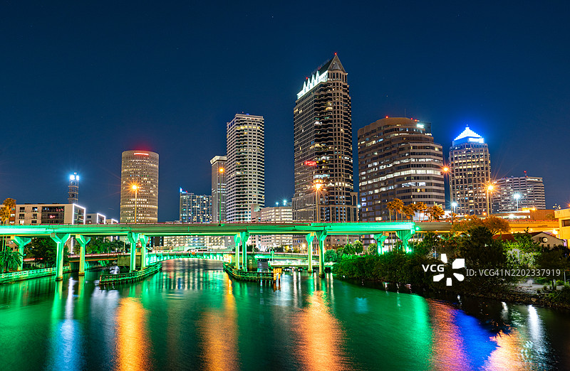 佛罗里达州坦帕市日落时分的天际线和桥梁，沿着希尔斯伯勒河。图片素材
