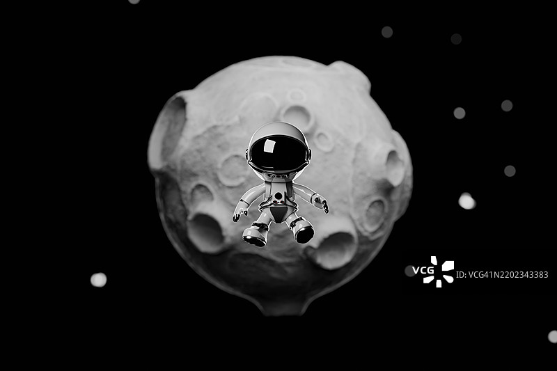 可爱的宇航员在月球前漂浮在太空中图片素材