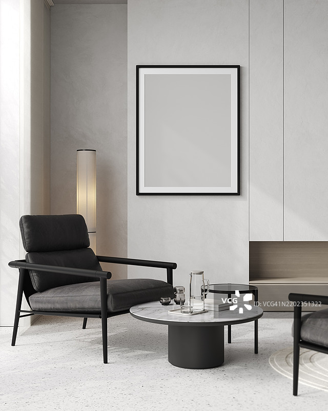 现代客厅，配有扶手椅和海报框架样板图片素材