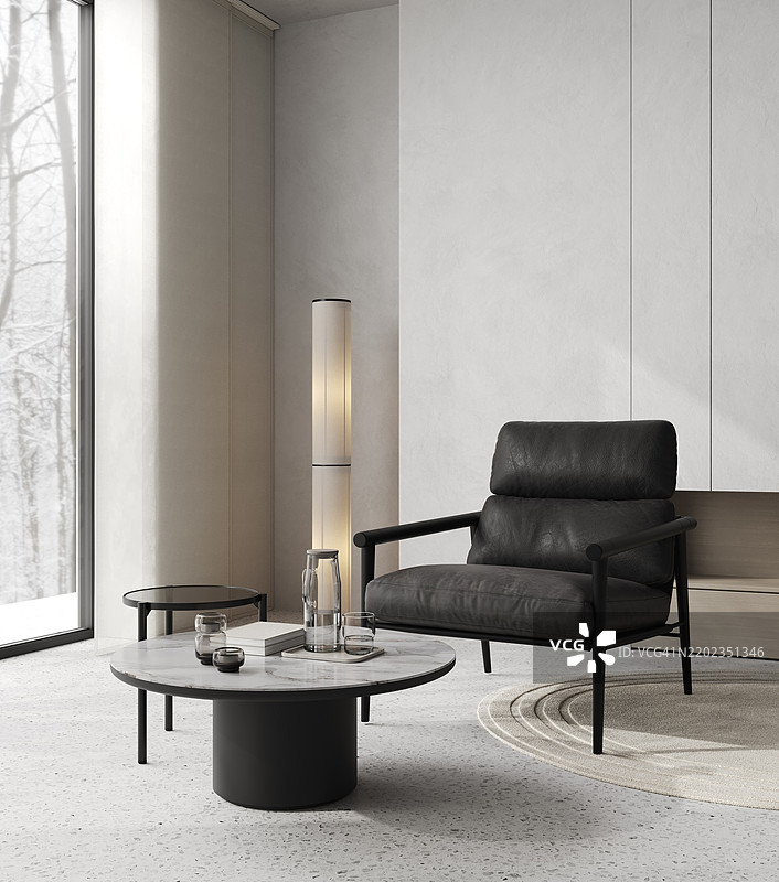 时尚室内模型，黑色椅子和咖啡桌，营造温馨的冬季氛围图片素材