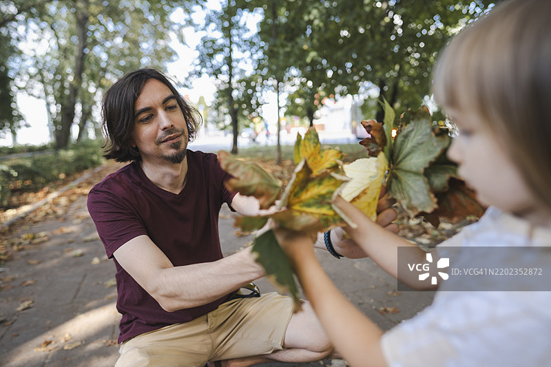 女孩在公园里把秋天的树叶递给父亲图片素材