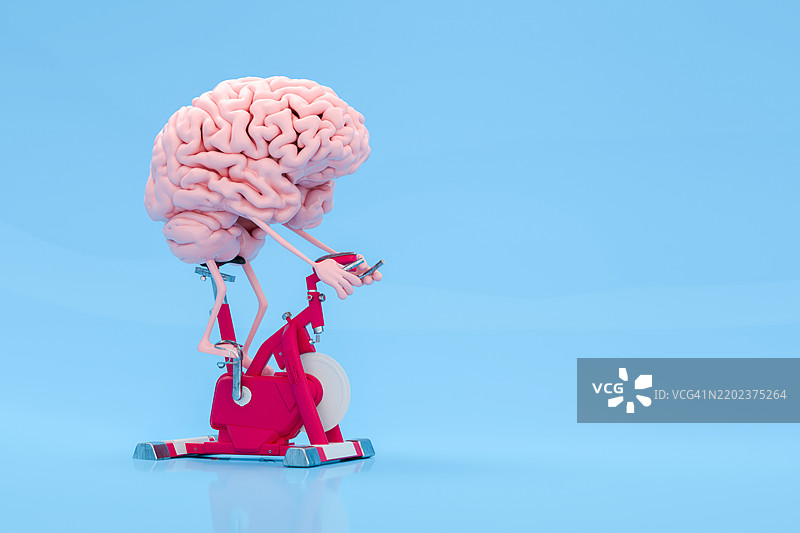 在蓝色背景下骑固定自行车进行脑力锻炼图片素材
