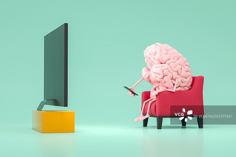 沙发上的大脑插图，手持遥控器观看电视图片素材