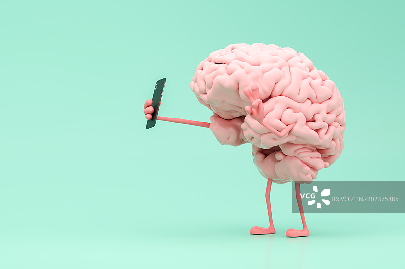 一幅创意的3D渲染图，展示一个大脑在青绿色背景下自拍图片素材