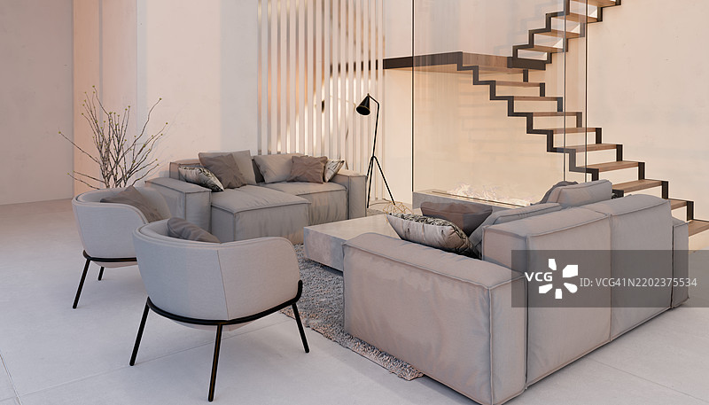 现代客厅室内，配有灰色沙发和简约装饰图片素材