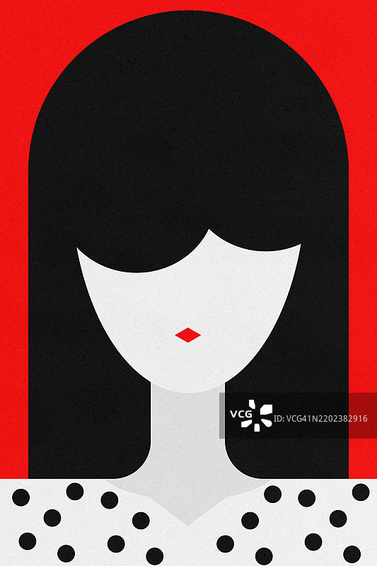 黑发红唇女性的风格化极简肖像插图图片素材