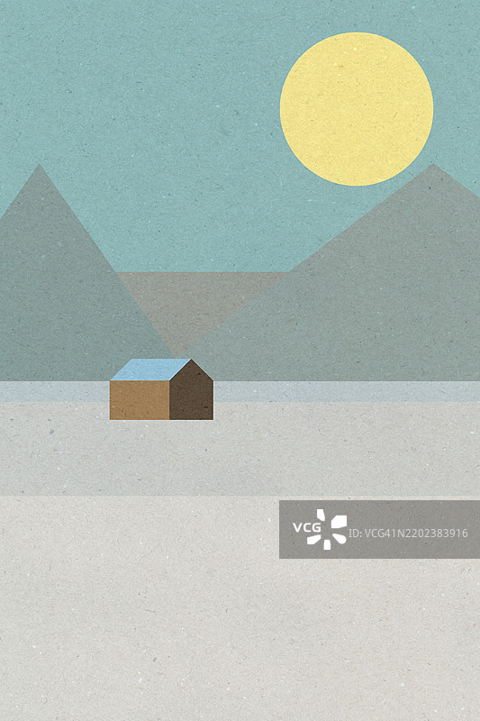 极简主义冬季风景插图，描绘一座孤独的房屋坐落在雪-covered山谷中图片素材