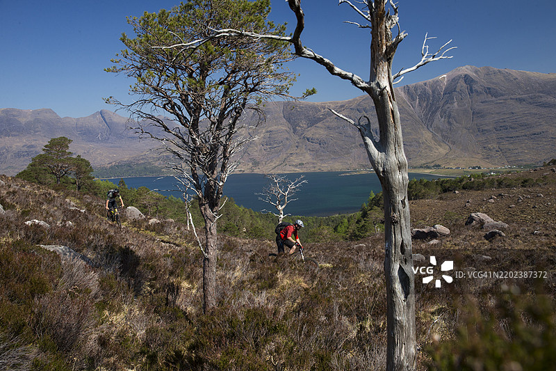 在英国北部苏格兰高地骑山地自行车图片素材