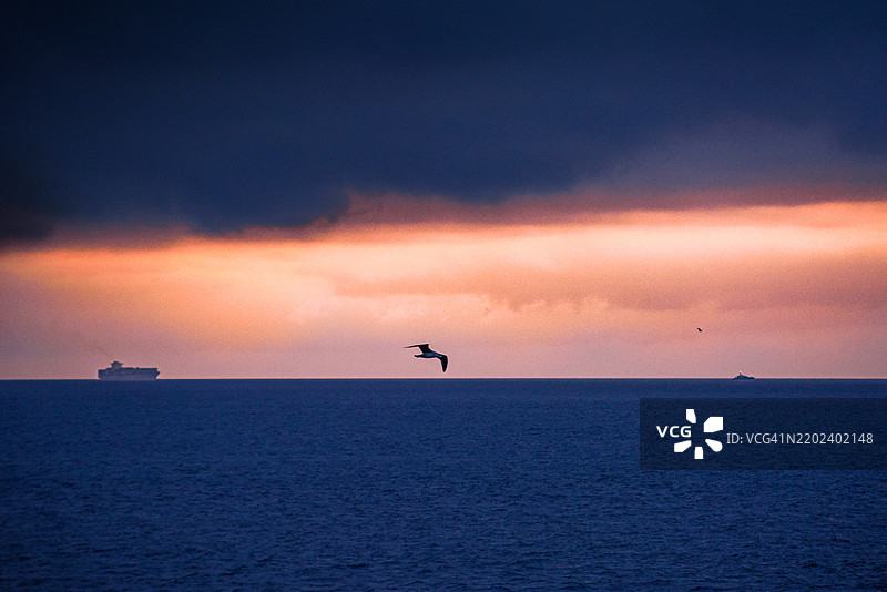 直布罗陀海峡的蓝色时刻日出，跨越西班牙到摩洛哥的海洋，直布罗陀图片素材