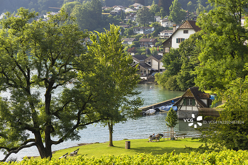 瑞士伯尔尼州斯皮茨湖畔公园的人们图片素材