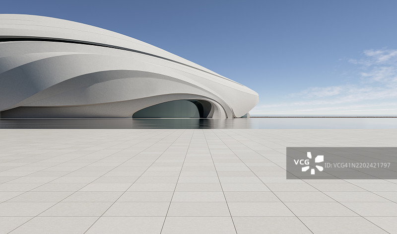 现代曲线建筑外的海洋地平线大理石地板图片素材