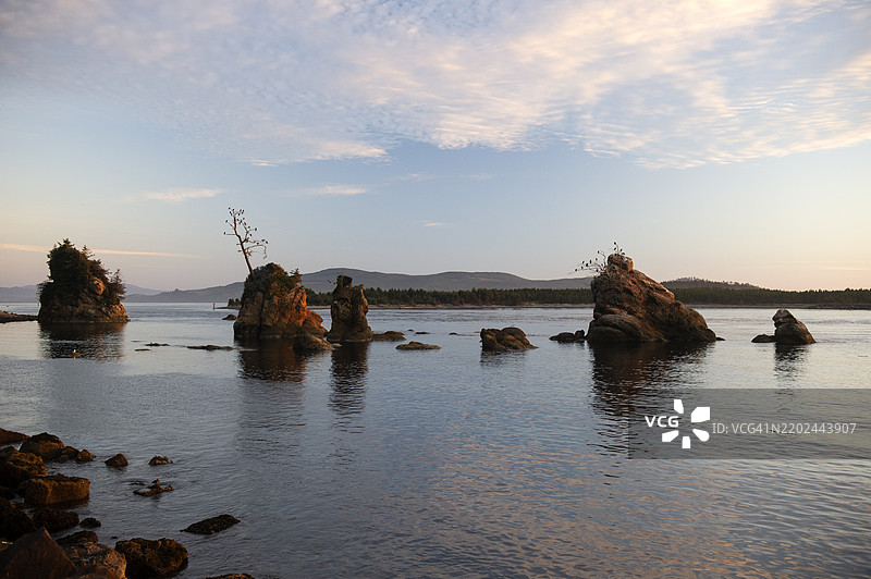 加里巴尔迪海滩上的树和海岩在日落光线下图片素材