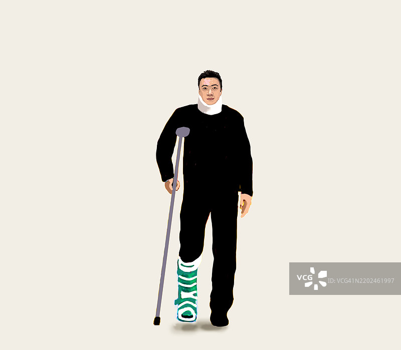 受伤的男子腿部打着石膏，手里拿着拐杖的插图图片素材